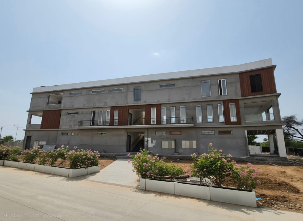 Modern concrete and wood-clad architectural block